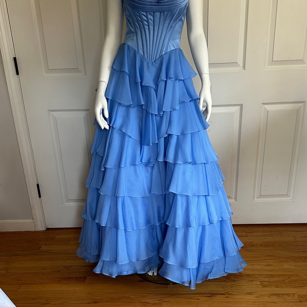 Sherri Hill Blue Ruffled Strapless Evening Gown Prom Dress worn once - Picture 2 of 10